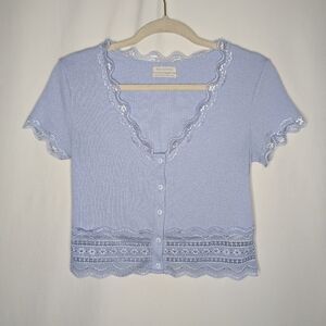 Urban Outfitters Women's Light Blue Coquette Soft Girl Lace Trim Crop Top L
